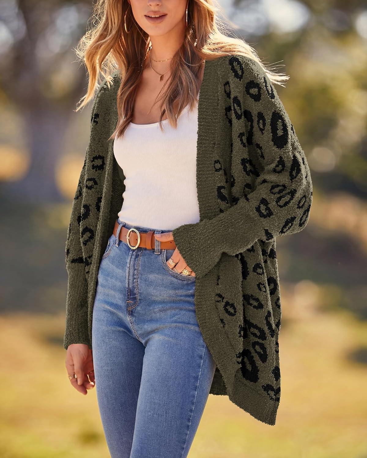 imageBTFBM Leopard Cardigan for Women Long Sleeve Open Front Cardigans Sweaters Pockets Loose Knit 2025 Fall Winter OutwearArmy Green