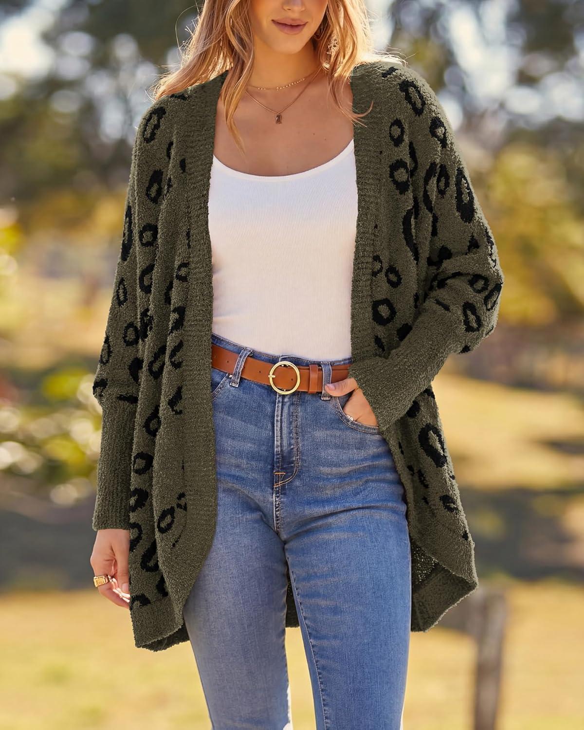 imageBTFBM Leopard Cardigan for Women Long Sleeve Open Front Cardigans Sweaters Pockets Loose Knit 2025 Fall Winter OutwearArmy Green