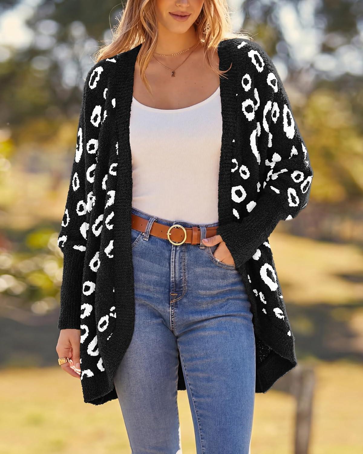 imageBTFBM Leopard Cardigan for Women Long Sleeve Open Front Cardigans Sweaters Pockets Loose Knit 2025 Fall Winter OutwearBlack