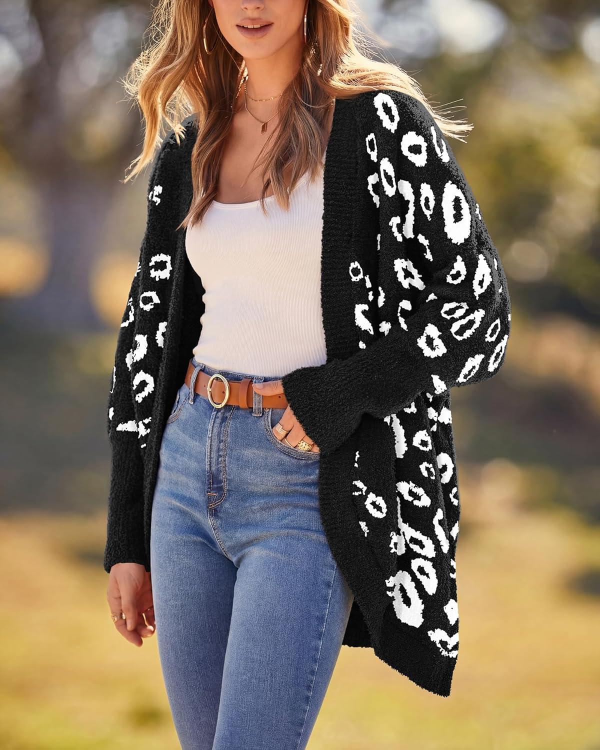 imageBTFBM Leopard Cardigan for Women Long Sleeve Open Front Cardigans Sweaters Pockets Loose Knit 2025 Fall Winter OutwearBlack