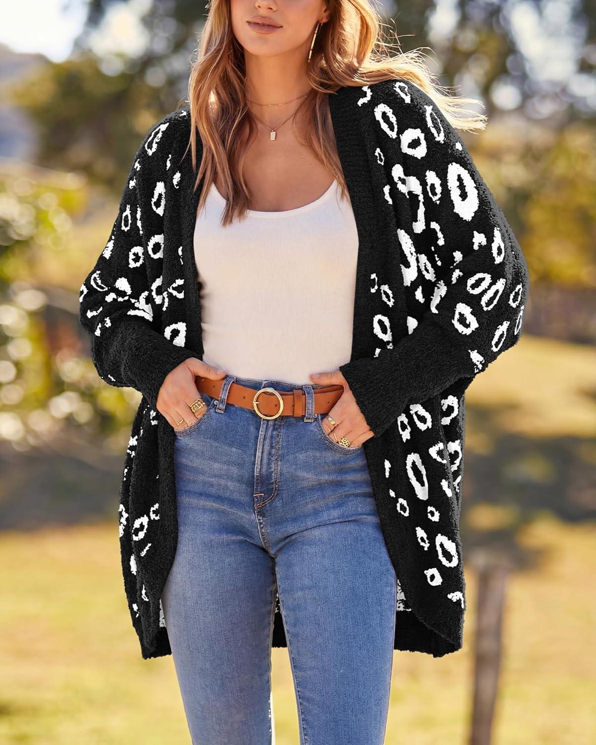 imageBTFBM Leopard Cardigan for Women Long Sleeve Open Front Cardigans Sweaters Pockets Loose Knit 2025 Fall Winter OutwearBlack