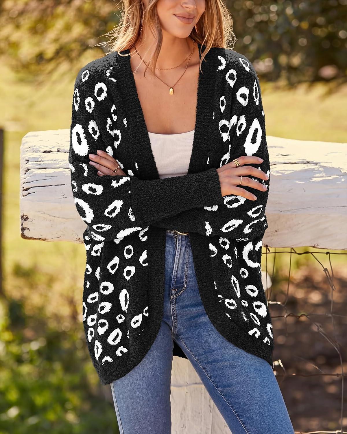 imageBTFBM Leopard Cardigan for Women Long Sleeve Open Front Cardigans Sweaters Pockets Loose Knit 2025 Fall Winter OutwearBlack