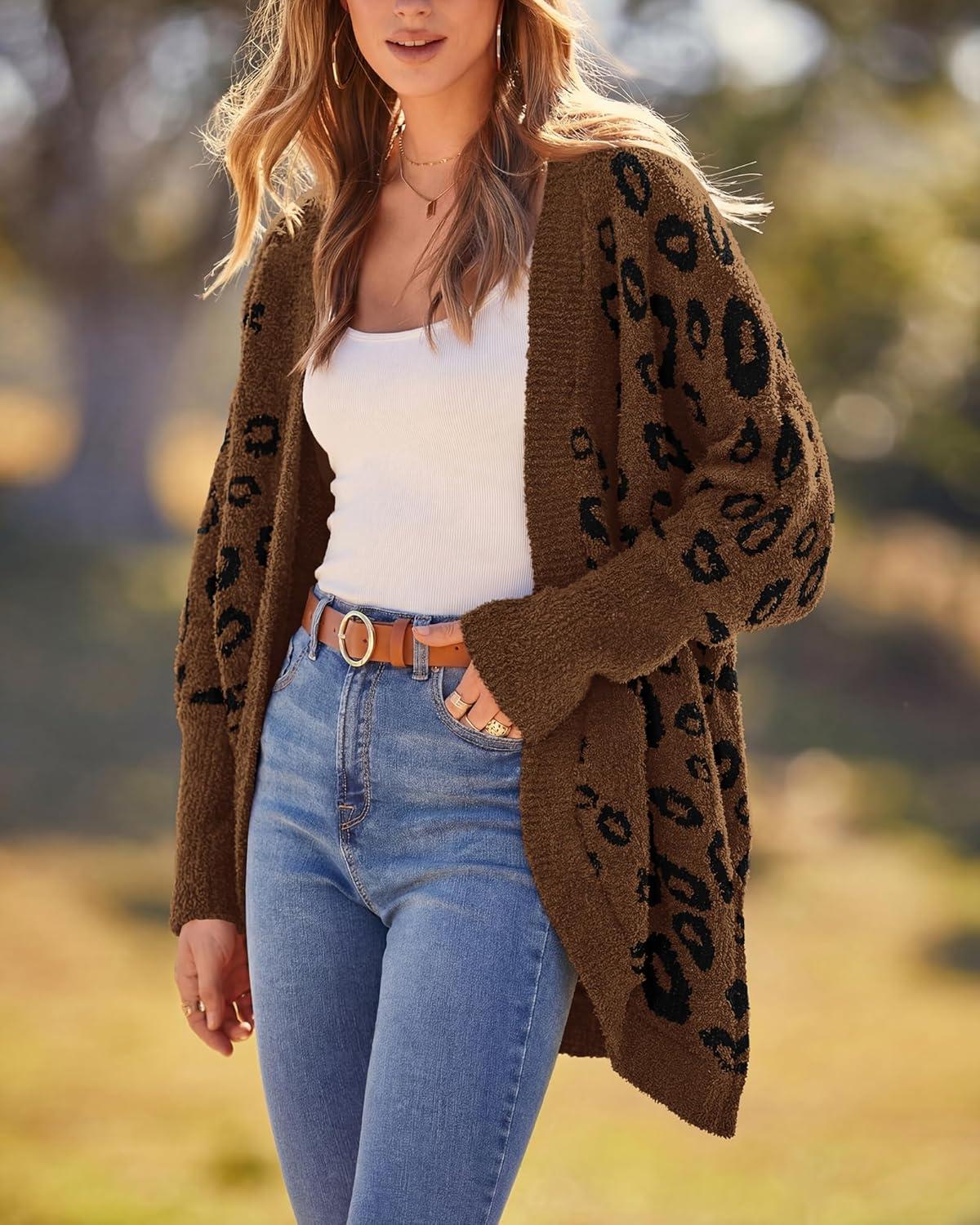 imageBTFBM Leopard Cardigan for Women Long Sleeve Open Front Cardigans Sweaters Pockets Loose Knit 2025 Fall Winter OutwearCoffee