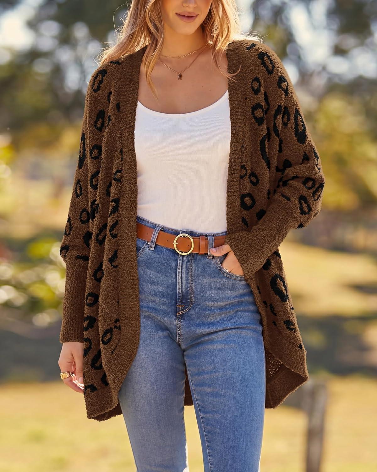 imageBTFBM Leopard Cardigan for Women Long Sleeve Open Front Cardigans Sweaters Pockets Loose Knit 2025 Fall Winter OutwearCoffee