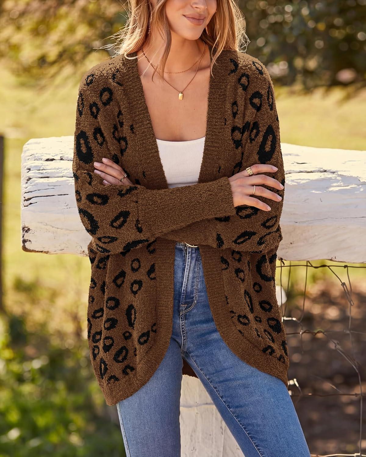 imageBTFBM Leopard Cardigan for Women Long Sleeve Open Front Cardigans Sweaters Pockets Loose Knit 2025 Fall Winter OutwearCoffee