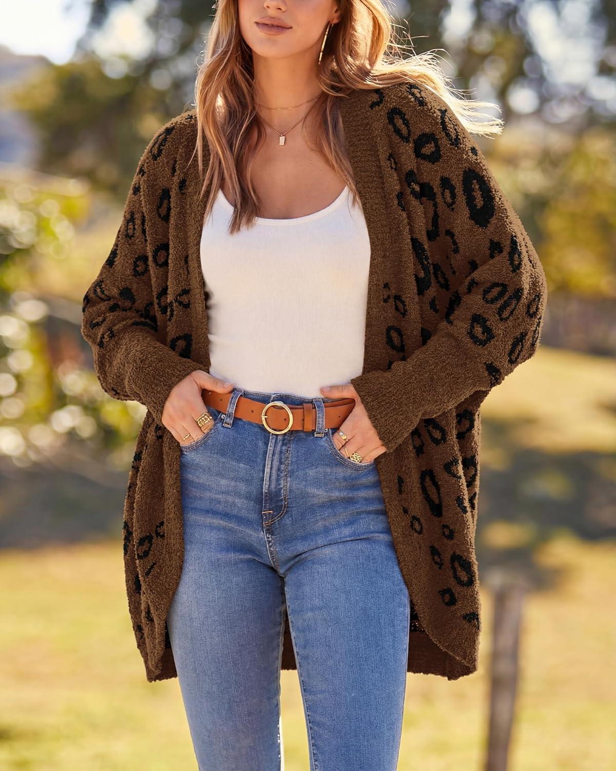 imageBTFBM Leopard Cardigan for Women Long Sleeve Open Front Cardigans Sweaters Pockets Loose Knit 2025 Fall Winter OutwearCoffee