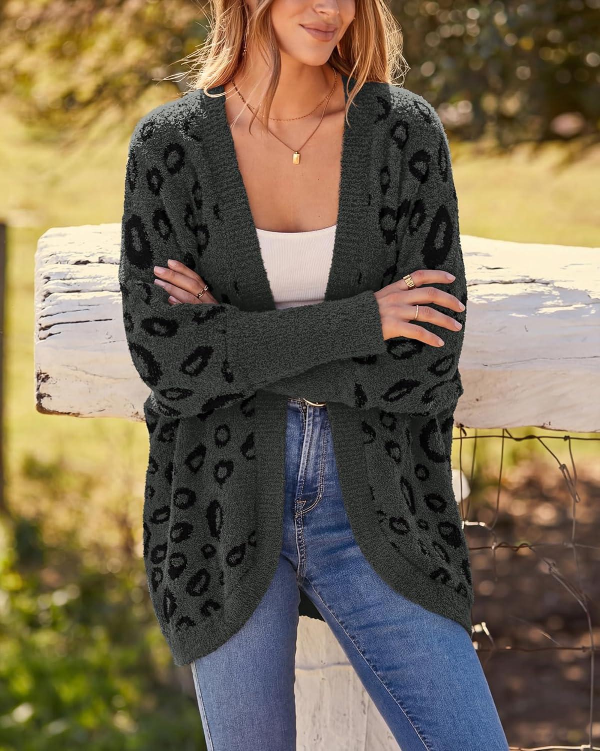 imageBTFBM Leopard Cardigan for Women Long Sleeve Open Front Cardigans Sweaters Pockets Loose Knit 2025 Fall Winter OutwearDark Grey