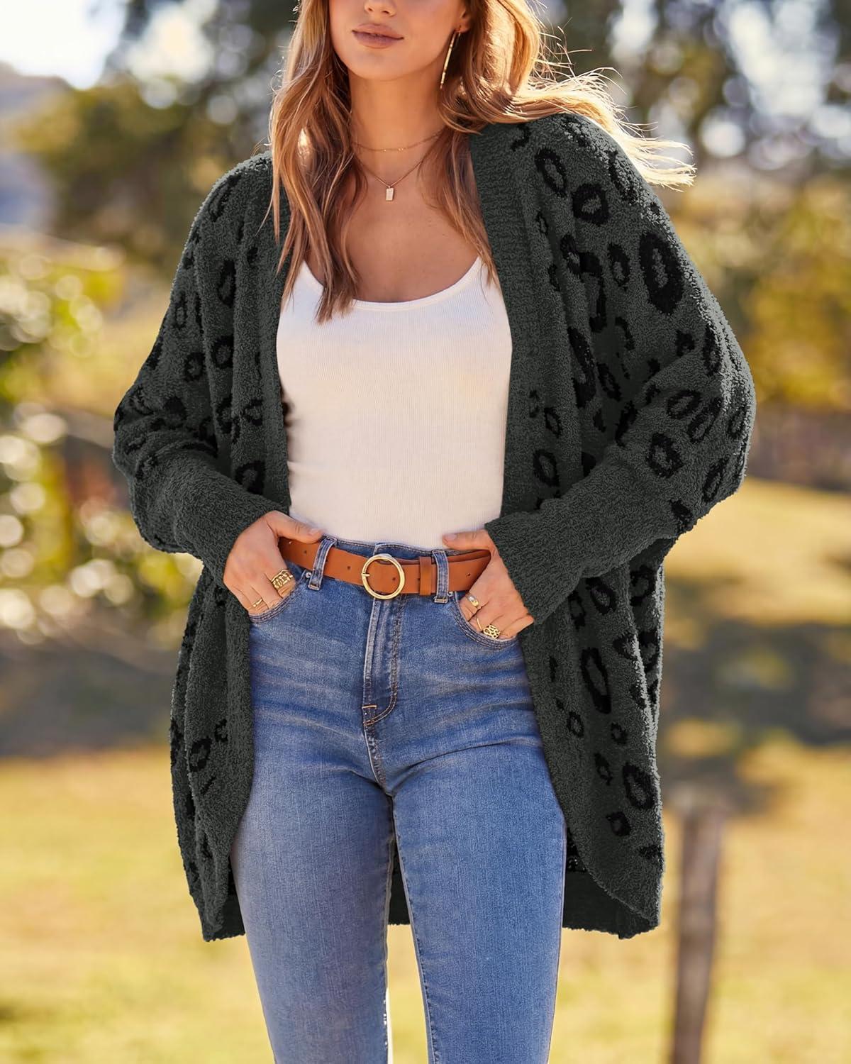 imageBTFBM Leopard Cardigan for Women Long Sleeve Open Front Cardigans Sweaters Pockets Loose Knit 2025 Fall Winter OutwearDark Grey