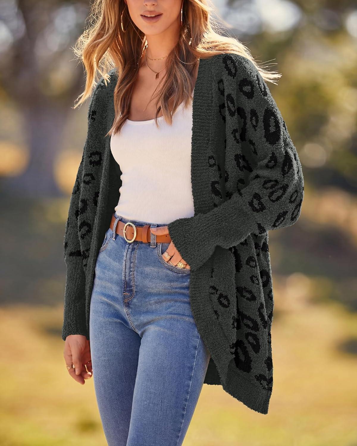 imageBTFBM Leopard Cardigan for Women Long Sleeve Open Front Cardigans Sweaters Pockets Loose Knit 2025 Fall Winter OutwearDark Grey