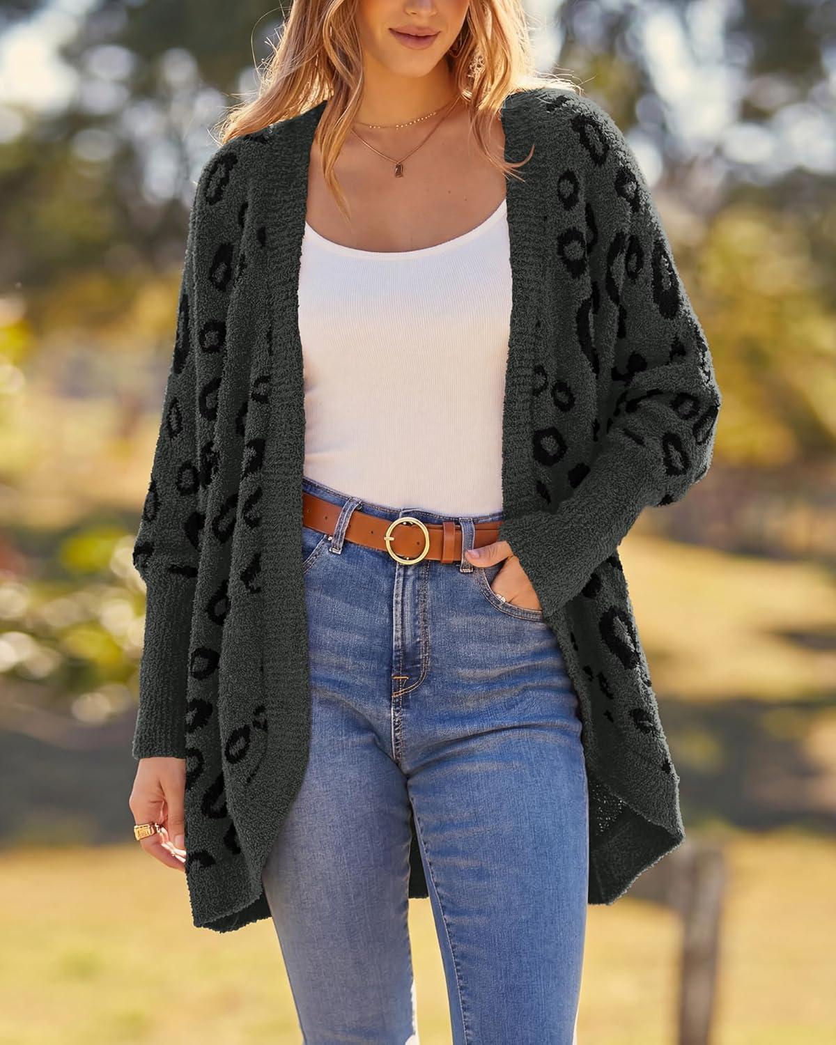 imageBTFBM Leopard Cardigan for Women Long Sleeve Open Front Cardigans Sweaters Pockets Loose Knit 2025 Fall Winter OutwearDark Grey