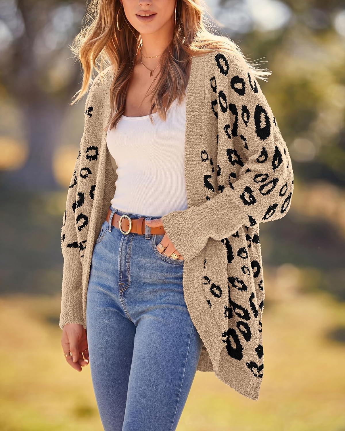 imageBTFBM Leopard Cardigan for Women Long Sleeve Open Front Cardigans Sweaters Pockets Loose Knit 2025 Fall Winter OutwearKhaki
