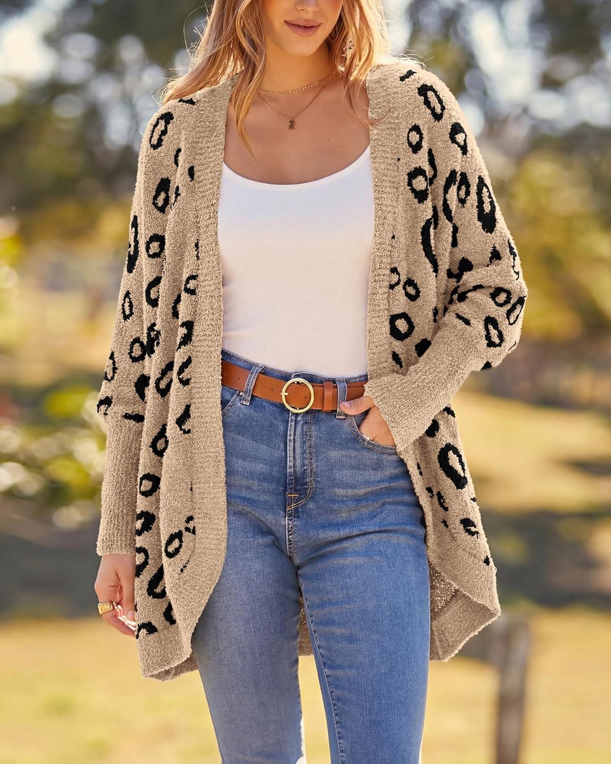 imageBTFBM Leopard Cardigan for Women Long Sleeve Open Front Cardigans Sweaters Pockets Loose Knit 2025 Fall Winter OutwearKhaki