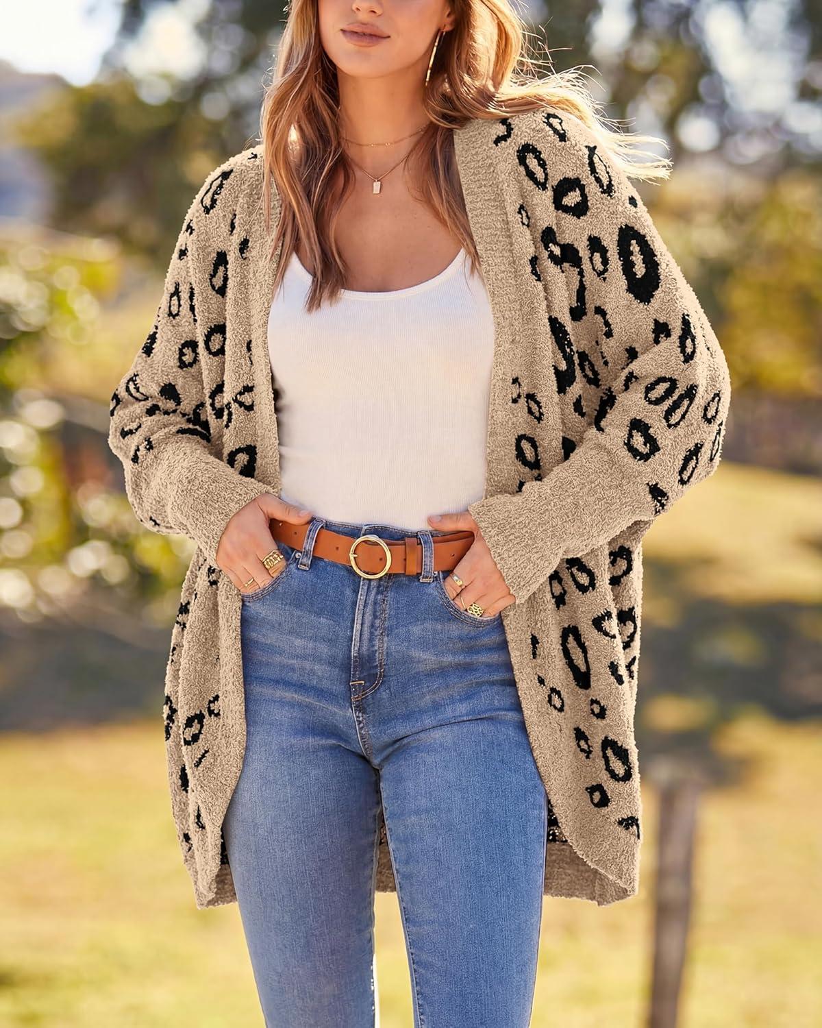 imageBTFBM Leopard Cardigan for Women Long Sleeve Open Front Cardigans Sweaters Pockets Loose Knit 2025 Fall Winter OutwearKhaki