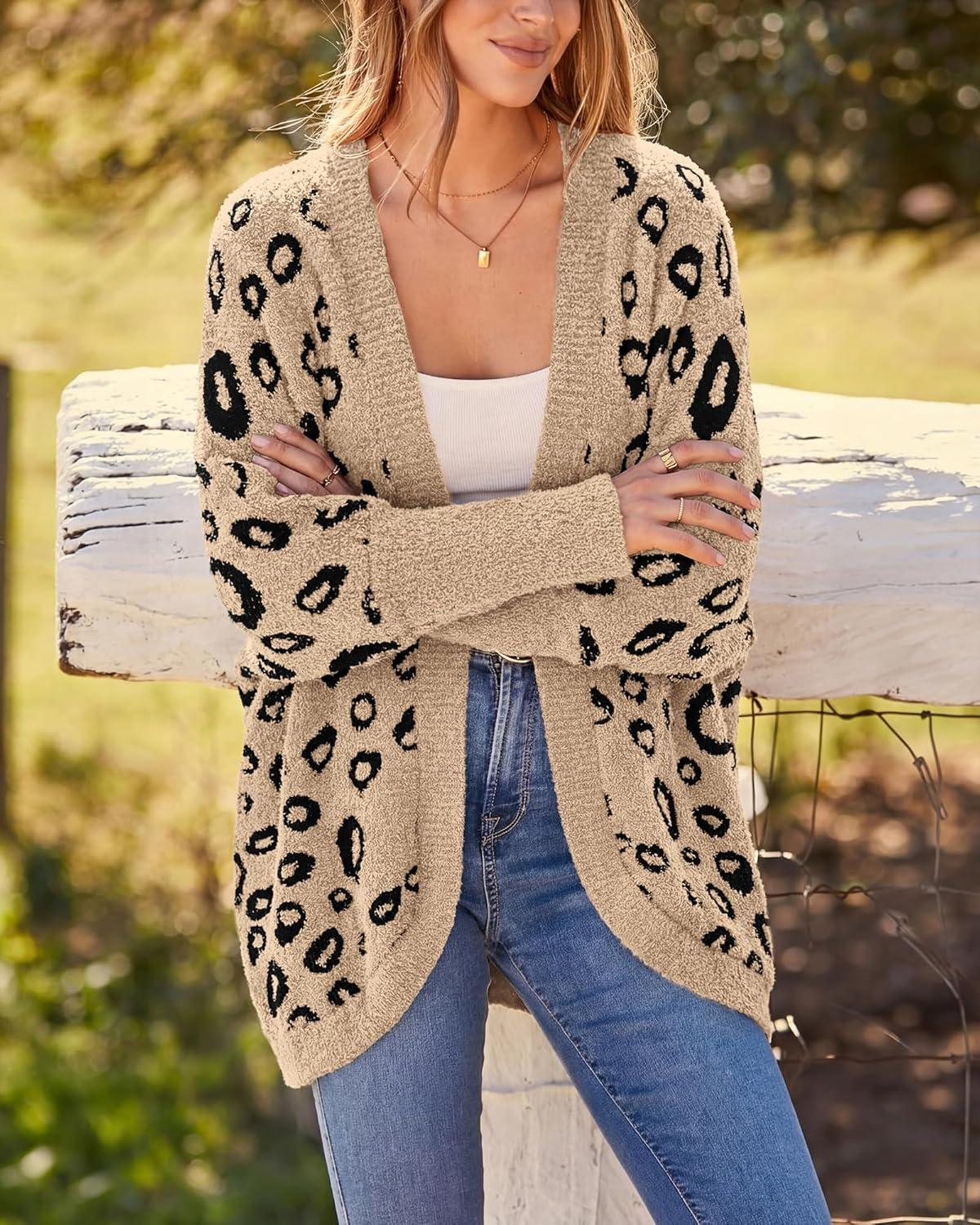 imageBTFBM Leopard Cardigan for Women Long Sleeve Open Front Cardigans Sweaters Pockets Loose Knit 2025 Fall Winter OutwearKhaki
