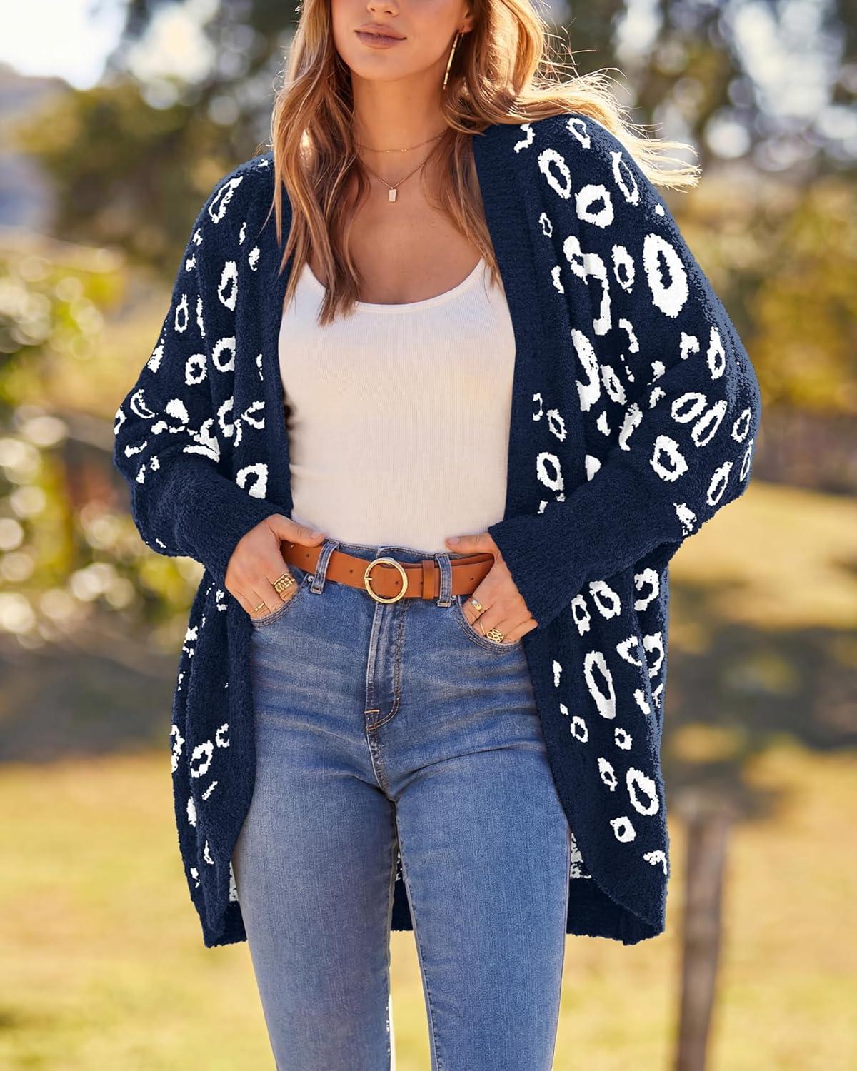 imageBTFBM Leopard Cardigan for Women Long Sleeve Open Front Cardigans Sweaters Pockets Loose Knit 2025 Fall Winter OutwearNavy