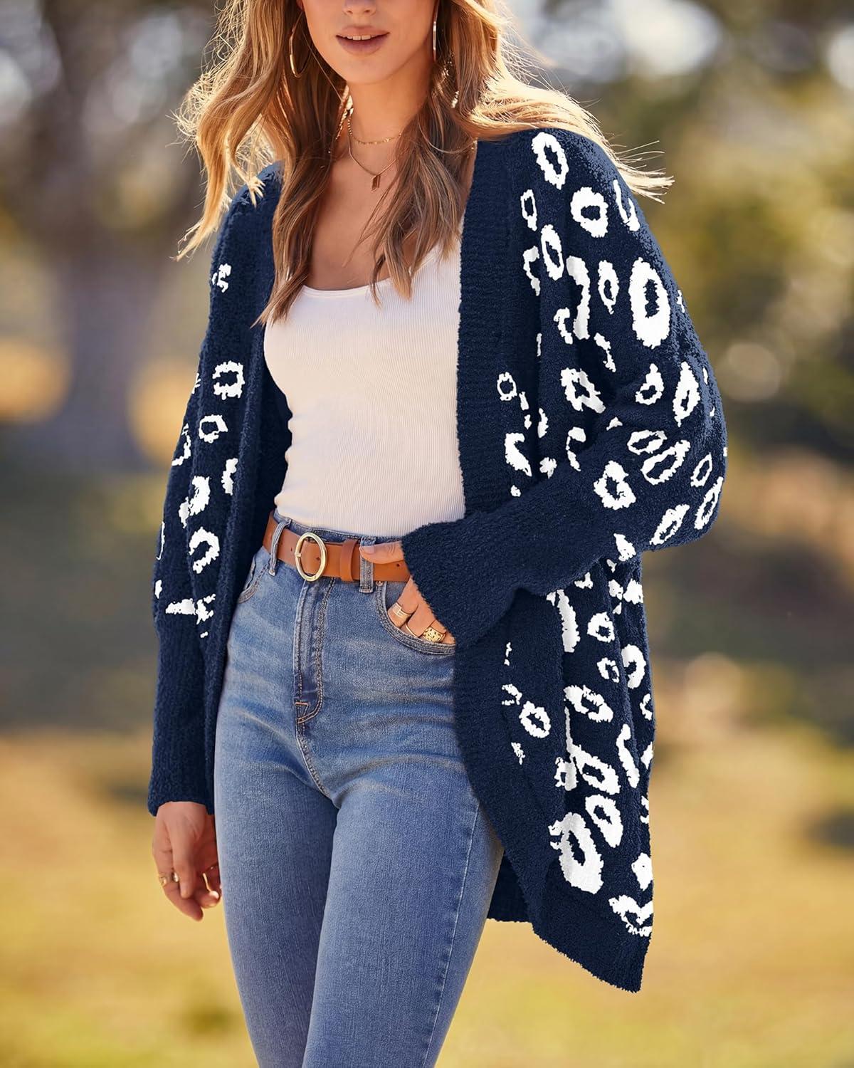 imageBTFBM Leopard Cardigan for Women Long Sleeve Open Front Cardigans Sweaters Pockets Loose Knit 2025 Fall Winter OutwearNavy