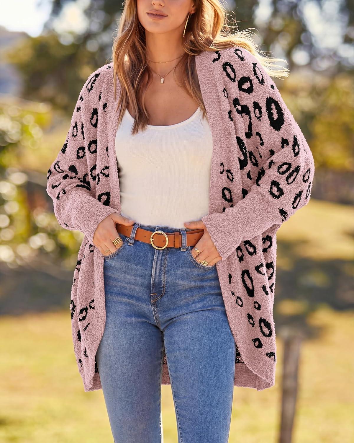 imageBTFBM Leopard Cardigan for Women Long Sleeve Open Front Cardigans Sweaters Pockets Loose Knit 2025 Fall Winter OutwearPink
