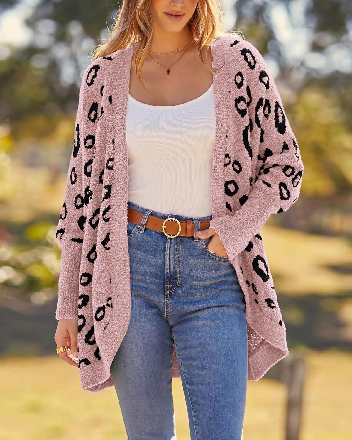 imageBTFBM Leopard Cardigan for Women Long Sleeve Open Front Cardigans Sweaters Pockets Loose Knit 2025 Fall Winter OutwearPink