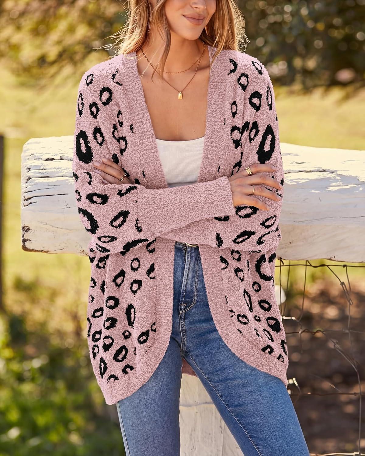 imageBTFBM Leopard Cardigan for Women Long Sleeve Open Front Cardigans Sweaters Pockets Loose Knit 2025 Fall Winter OutwearPink