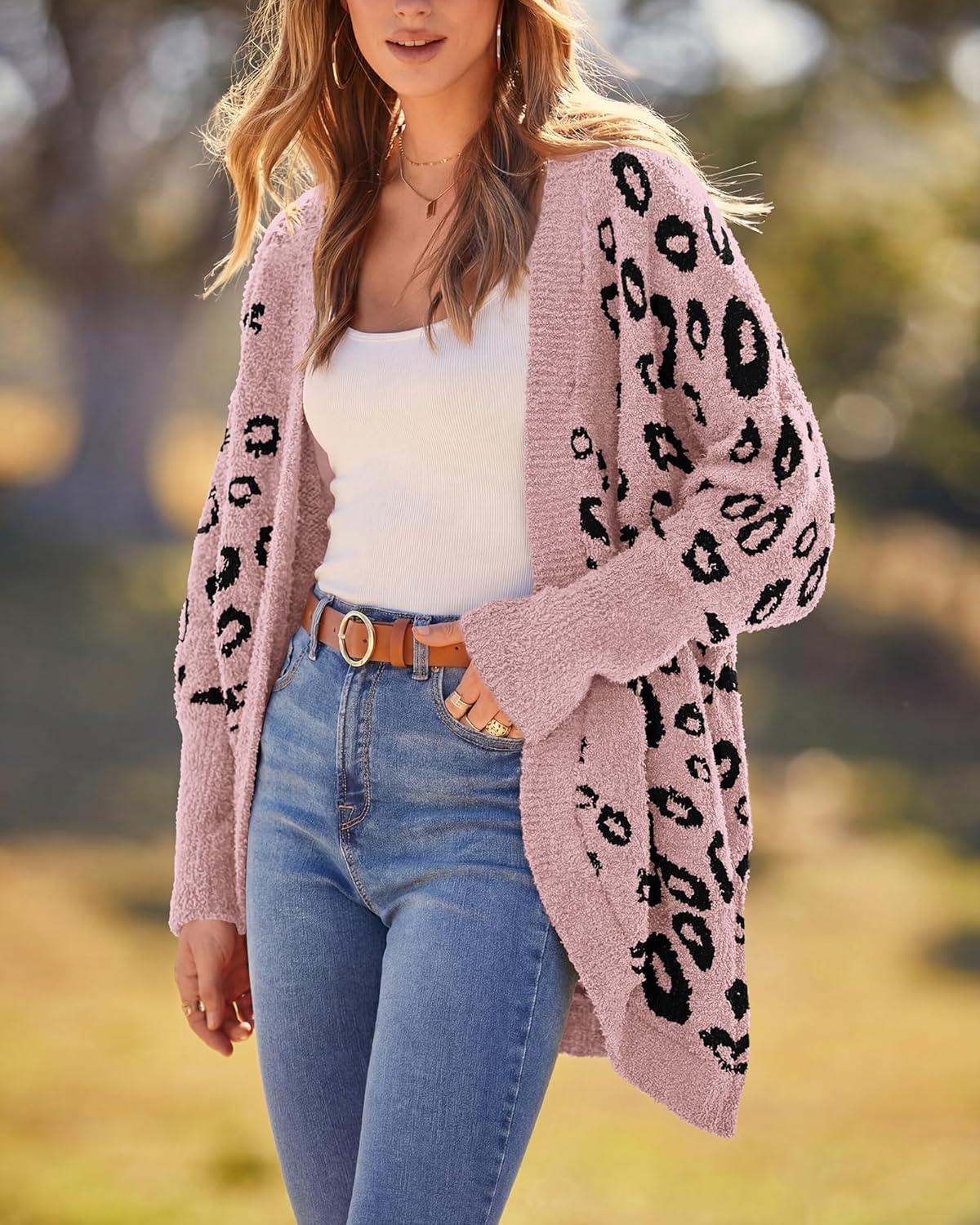 imageBTFBM Leopard Cardigan for Women Long Sleeve Open Front Cardigans Sweaters Pockets Loose Knit 2025 Fall Winter OutwearPink