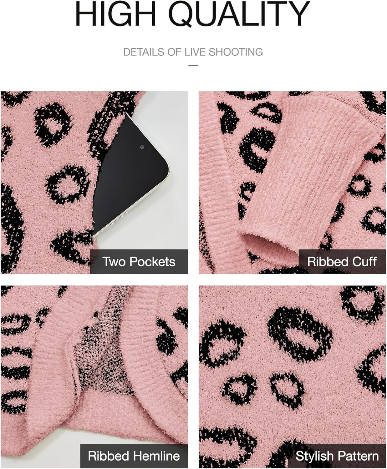 imageBTFBM Leopard Cardigan for Women Long Sleeve Open Front Cardigans Sweaters Pockets Loose Knit 2025 Fall Winter OutwearPink