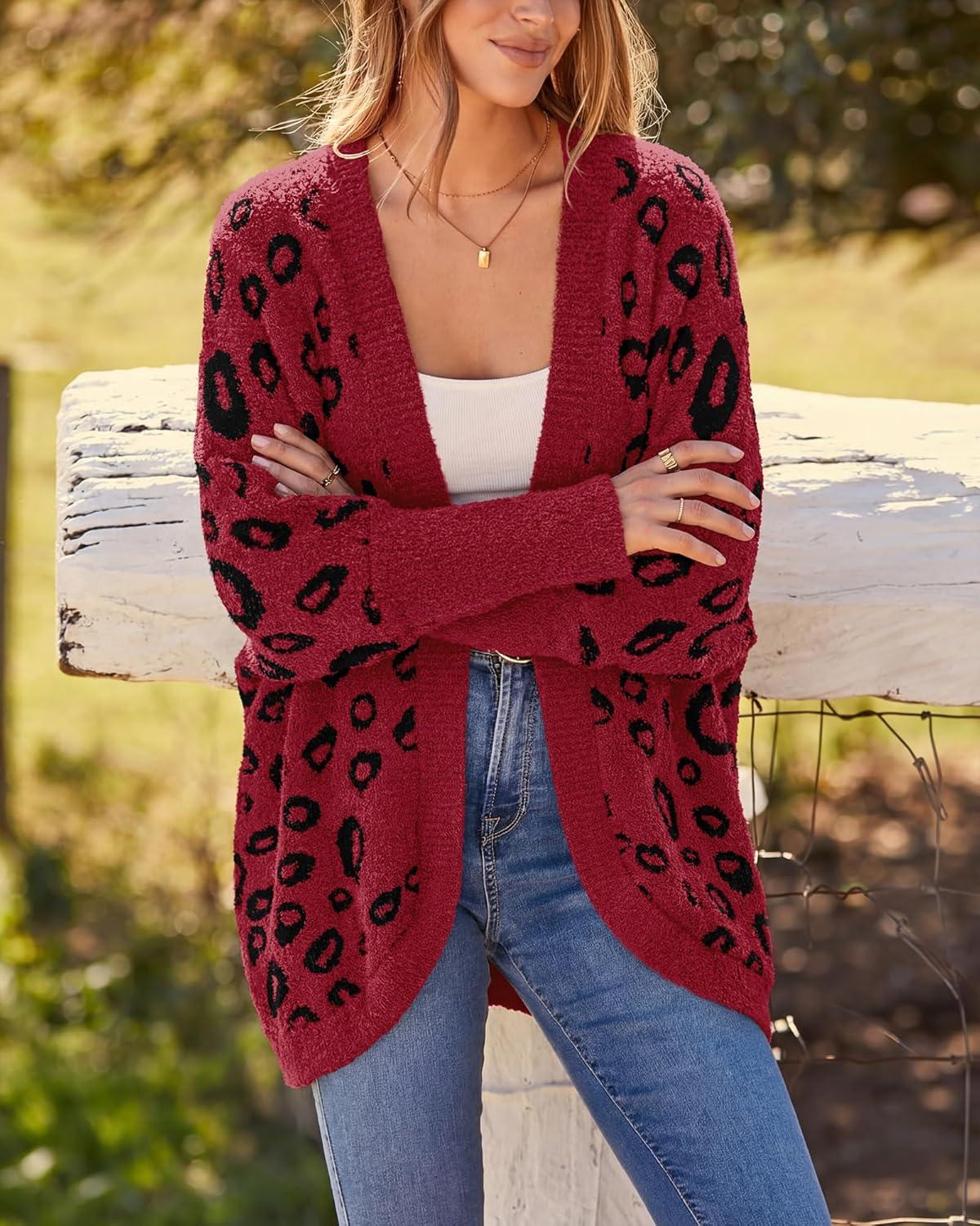 imageBTFBM Leopard Cardigan for Women Long Sleeve Open Front Cardigans Sweaters Pockets Loose Knit 2025 Fall Winter OutwearRed