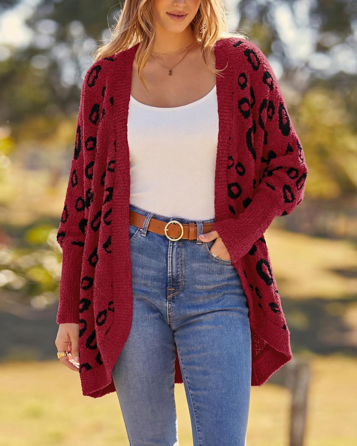 imageBTFBM Leopard Cardigan for Women Long Sleeve Open Front Cardigans Sweaters Pockets Loose Knit 2025 Fall Winter OutwearRed