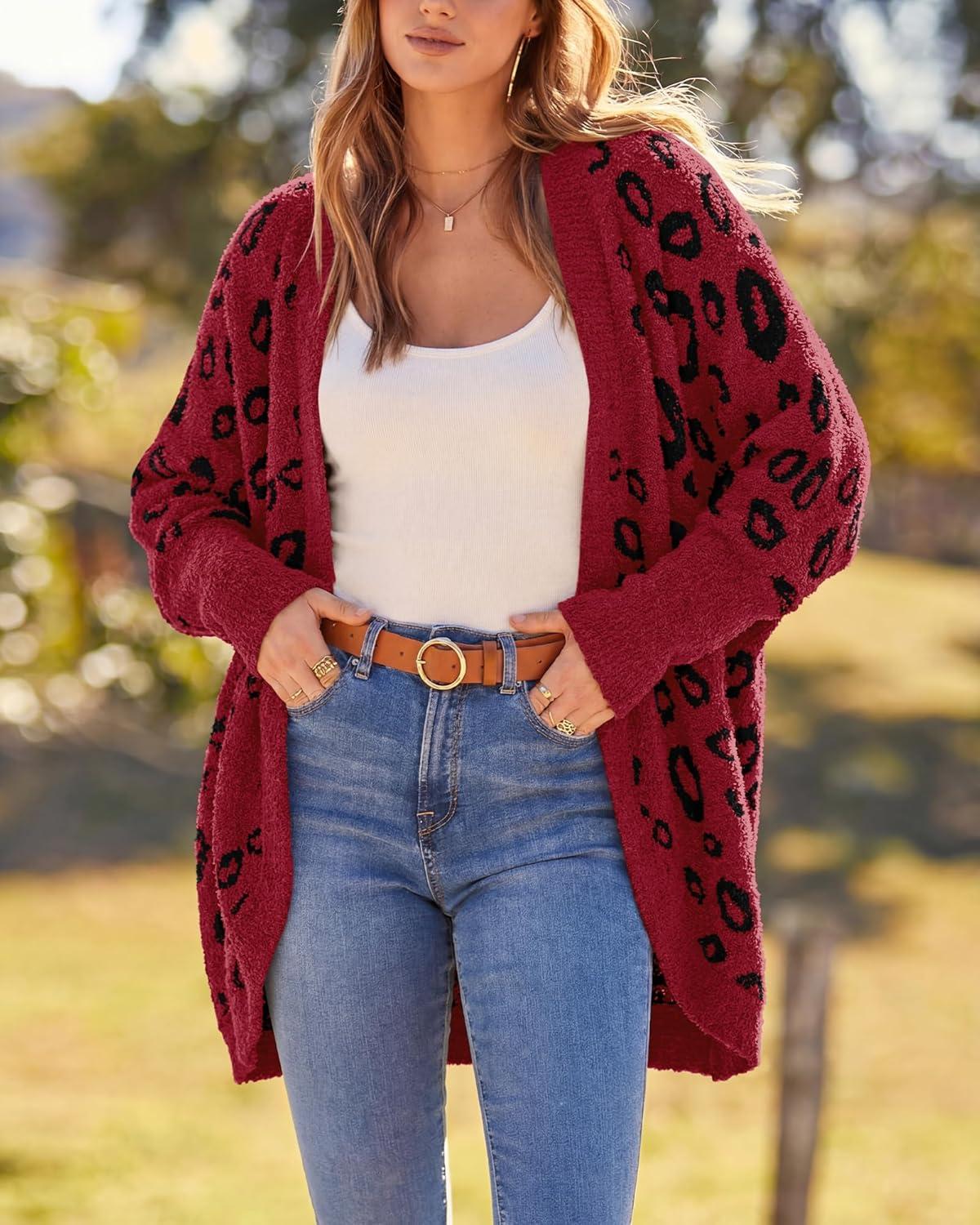 imageBTFBM Leopard Cardigan for Women Long Sleeve Open Front Cardigans Sweaters Pockets Loose Knit 2025 Fall Winter OutwearRed