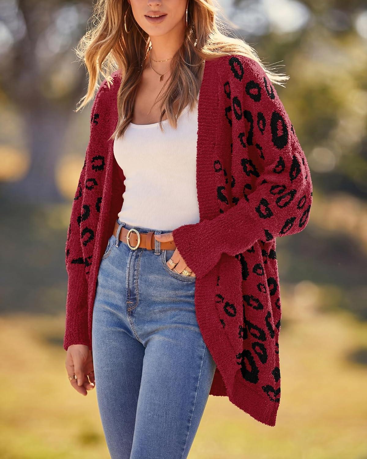 imageBTFBM Leopard Cardigan for Women Long Sleeve Open Front Cardigans Sweaters Pockets Loose Knit 2025 Fall Winter OutwearRed