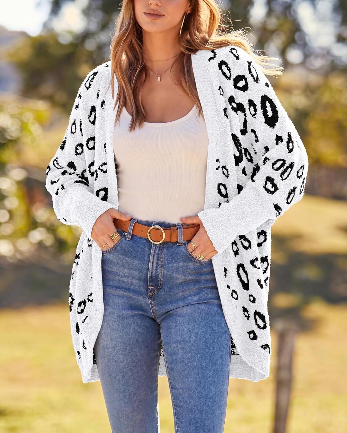 imageBTFBM Leopard Cardigan for Women Long Sleeve Open Front Cardigans Sweaters Pockets Loose Knit 2025 Fall Winter OutwearWhite