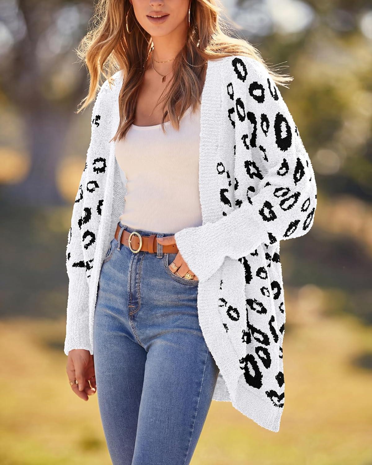imageBTFBM Leopard Cardigan for Women Long Sleeve Open Front Cardigans Sweaters Pockets Loose Knit 2025 Fall Winter OutwearWhite