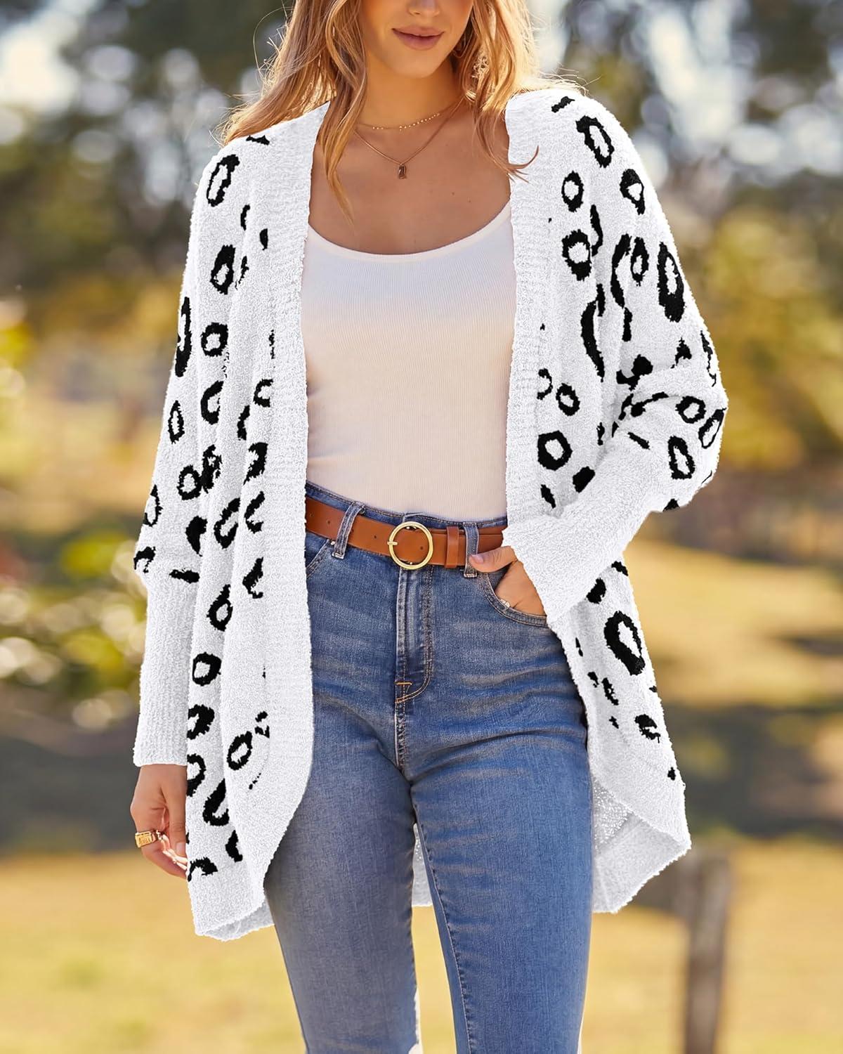 imageBTFBM Leopard Cardigan for Women Long Sleeve Open Front Cardigans Sweaters Pockets Loose Knit 2025 Fall Winter OutwearWhite