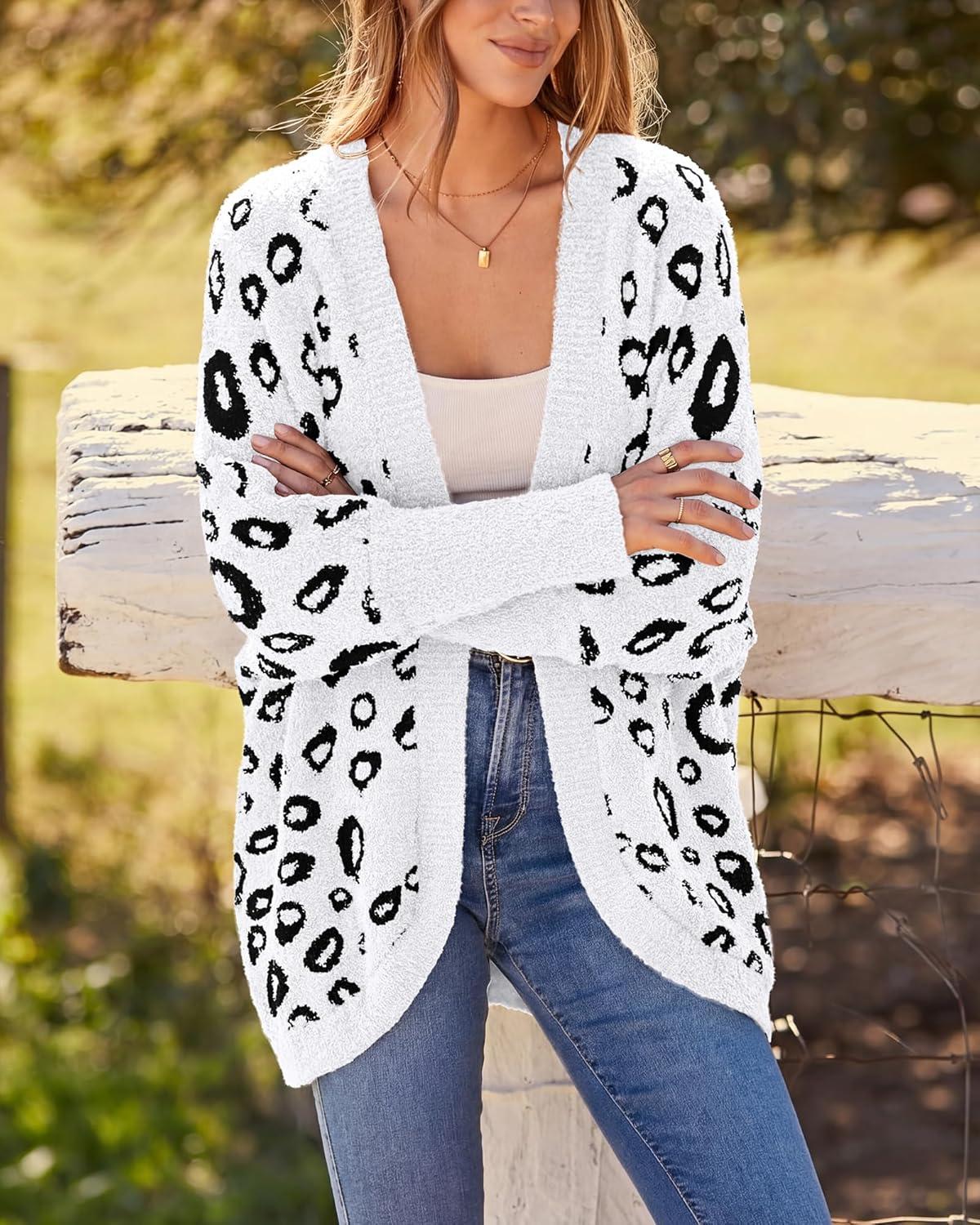 imageBTFBM Leopard Cardigan for Women Long Sleeve Open Front Cardigans Sweaters Pockets Loose Knit 2025 Fall Winter OutwearWhite
