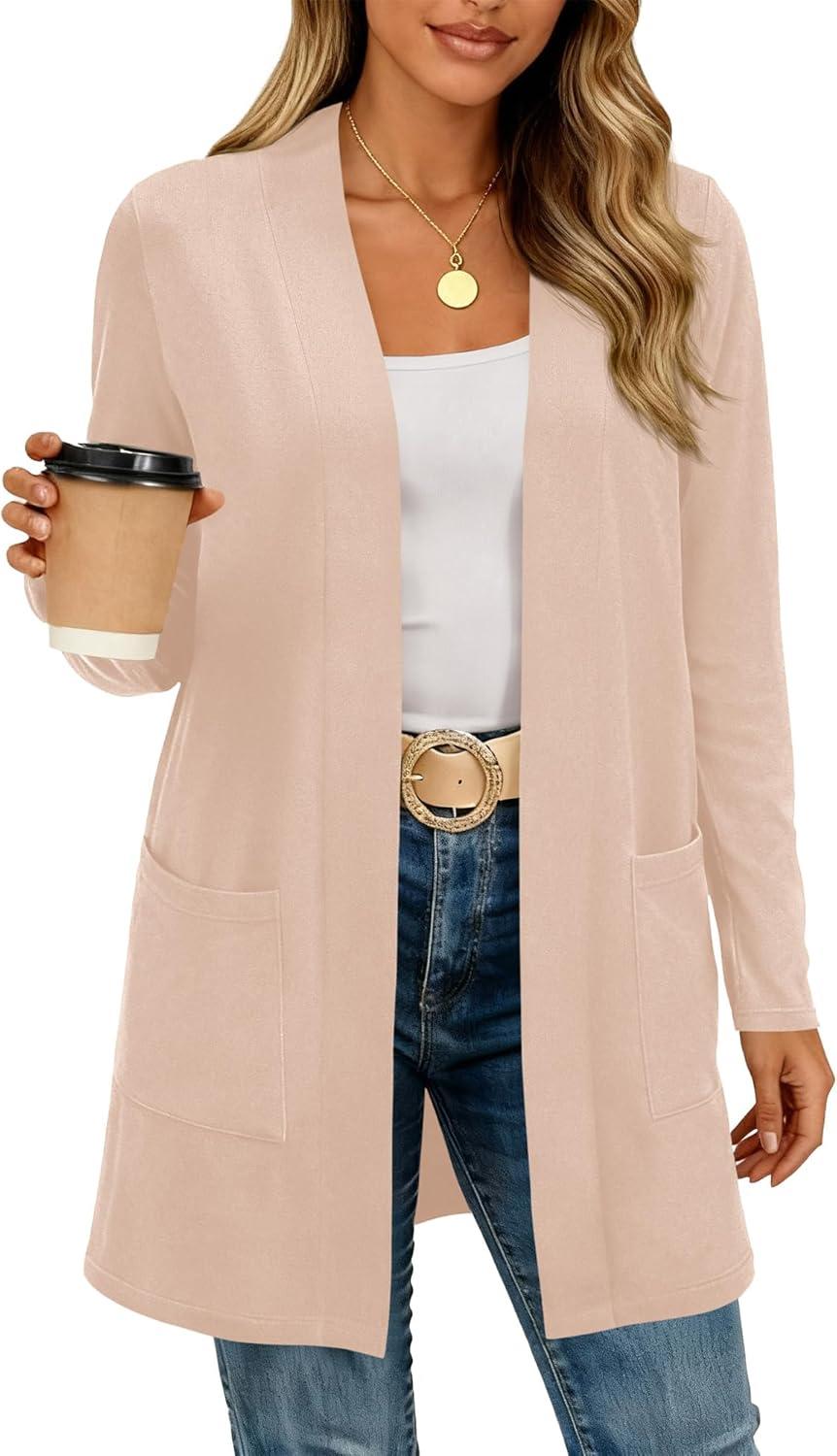 imageBTFBM Long Cardigans for Women Trendy Pockets Spring Clothes 2026 Casual Open Front Lightweight Shawl CardiganBeige