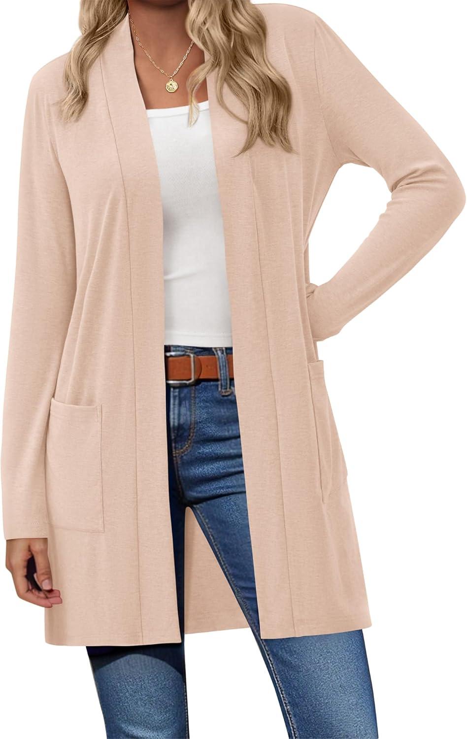 imageBTFBM Long Cardigans for Women Trendy Pockets Spring Clothes 2026 Casual Open Front Lightweight Shawl CardiganBeige