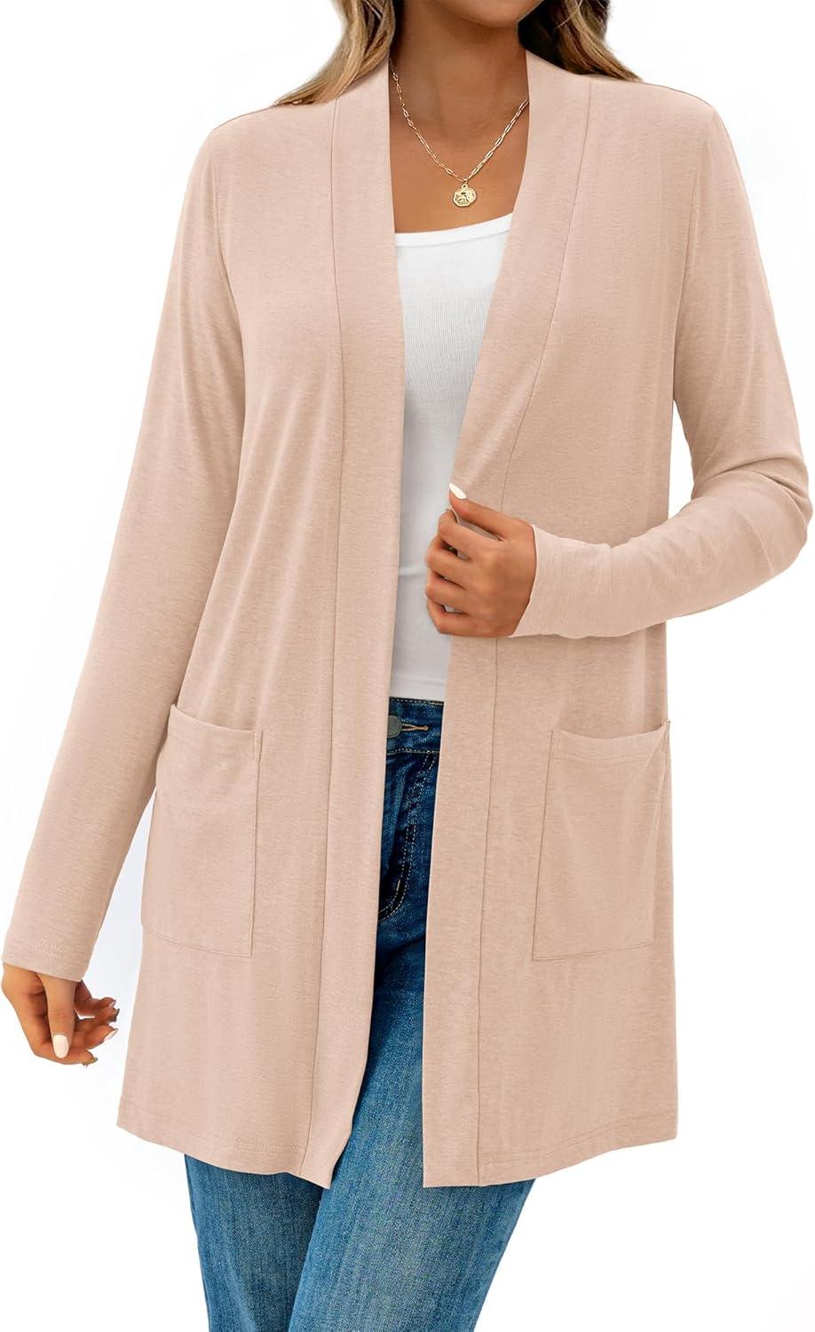 imageBTFBM Long Cardigans for Women Trendy Pockets Spring Clothes 2026 Casual Open Front Lightweight Shawl CardiganBeige