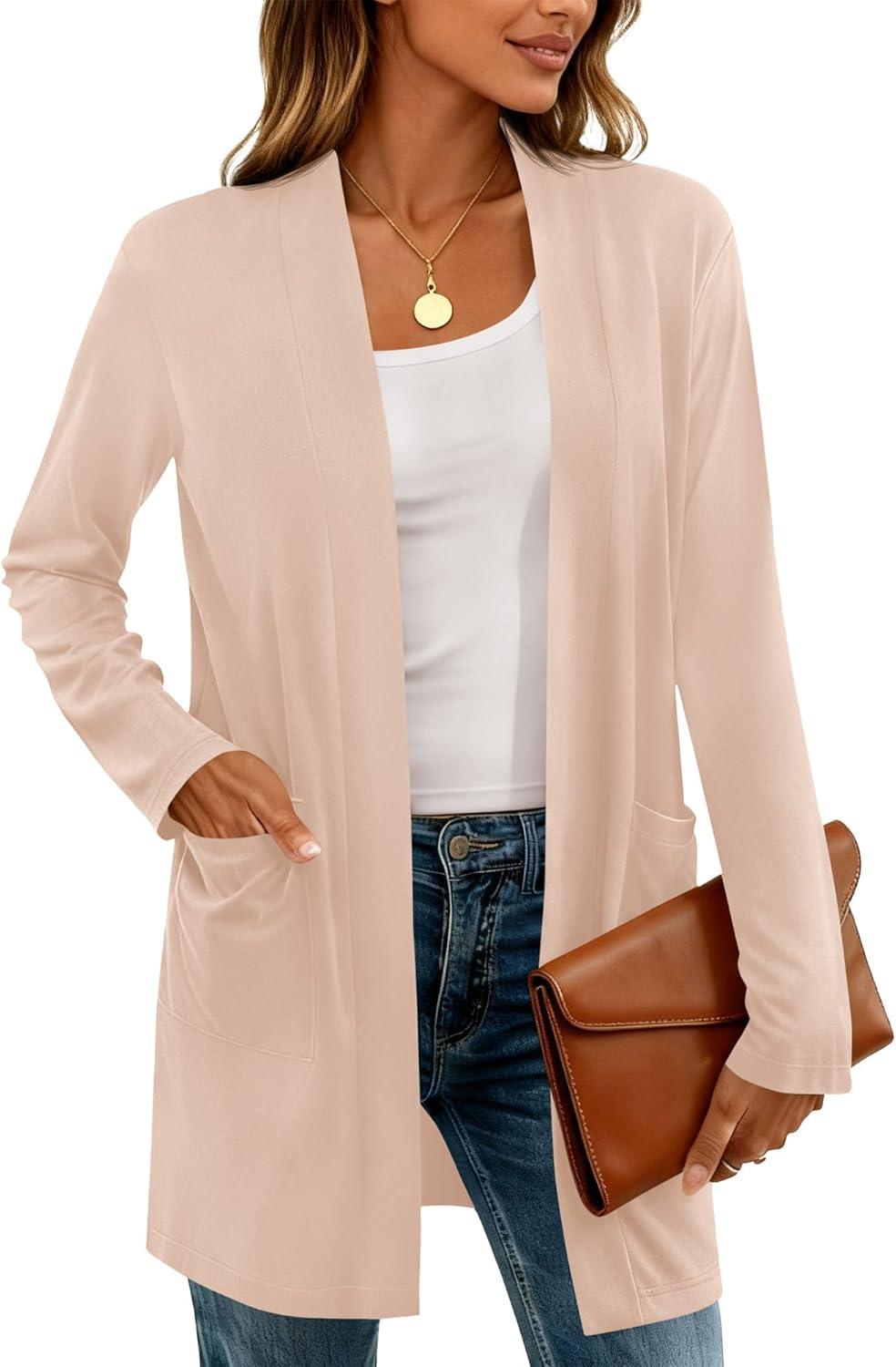 imageBTFBM Long Cardigans for Women Trendy Pockets Spring Clothes 2026 Casual Open Front Lightweight Shawl CardiganBeige