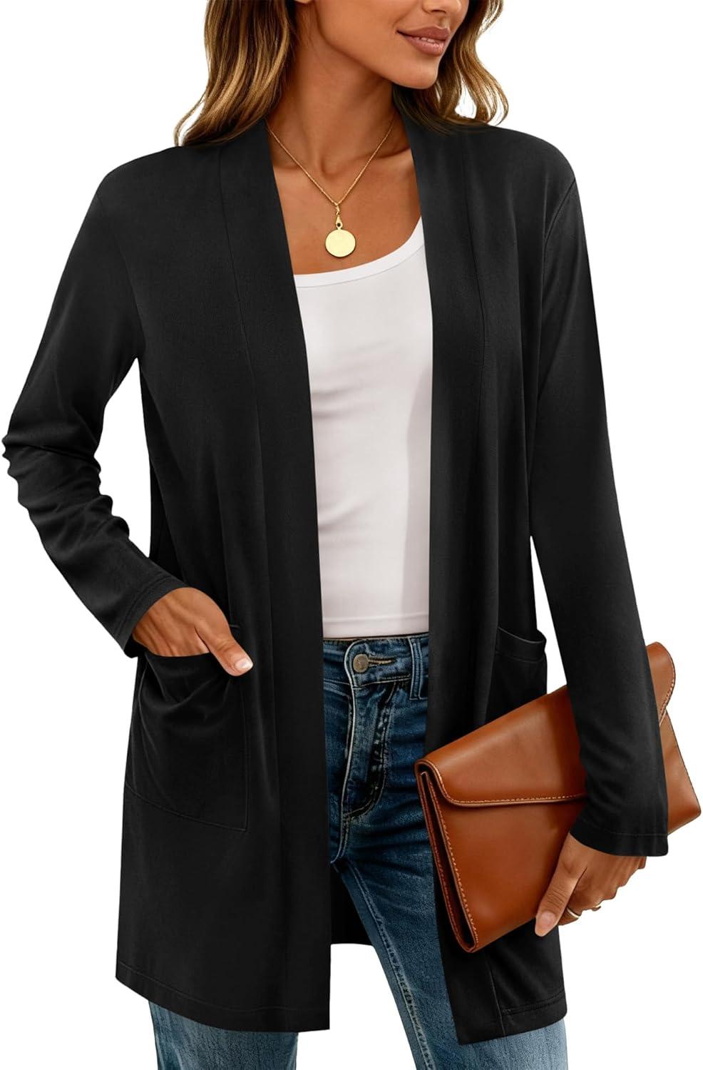 imageBTFBM Long Cardigans for Women Trendy Pockets Spring Clothes 2026 Casual Open Front Lightweight Shawl CardiganBlack