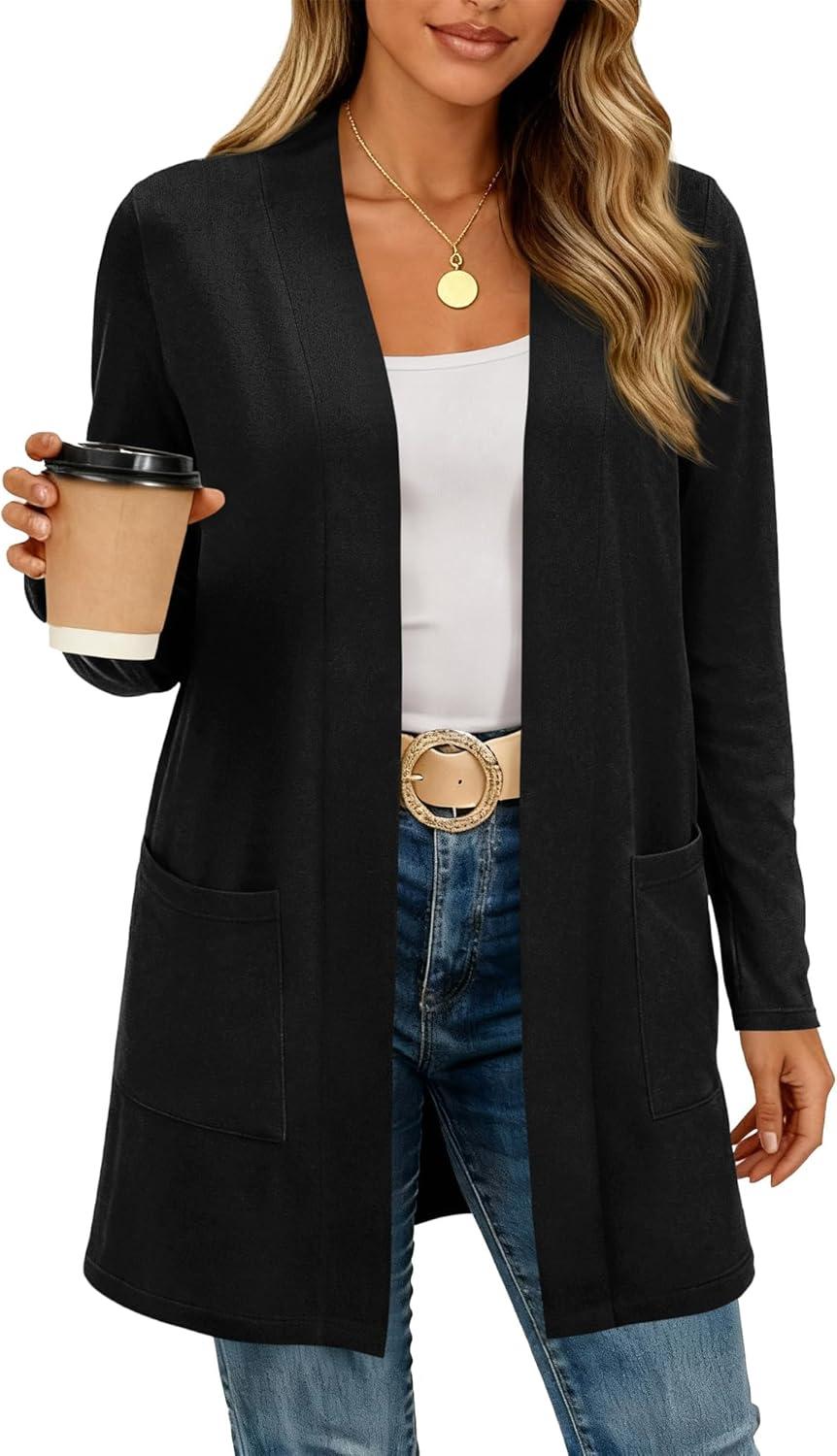imageBTFBM Long Cardigans for Women Trendy Pockets Spring Clothes 2026 Casual Open Front Lightweight Shawl CardiganBlack