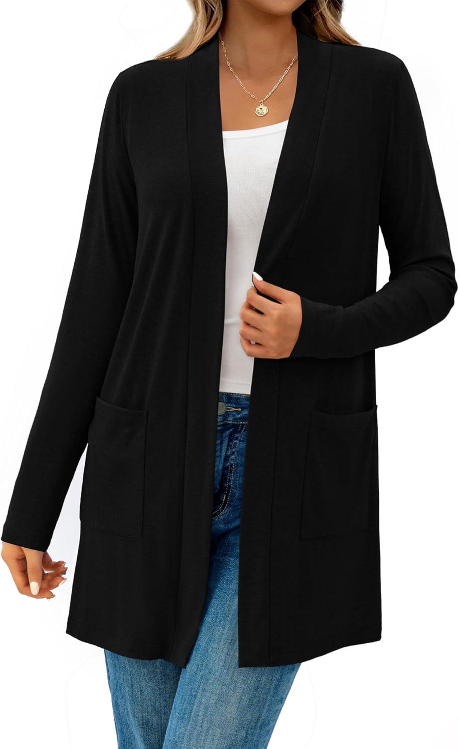 imageBTFBM Long Cardigans for Women Trendy Pockets Spring Clothes 2026 Casual Open Front Lightweight Shawl CardiganBlack