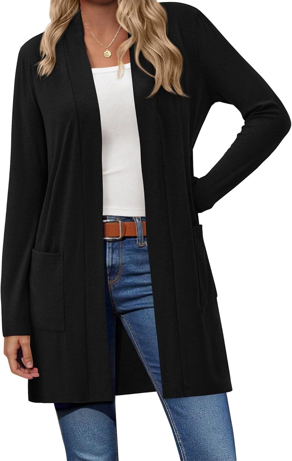 imageBTFBM Long Cardigans for Women Trendy Pockets Spring Clothes 2026 Casual Open Front Lightweight Shawl CardiganBlack
