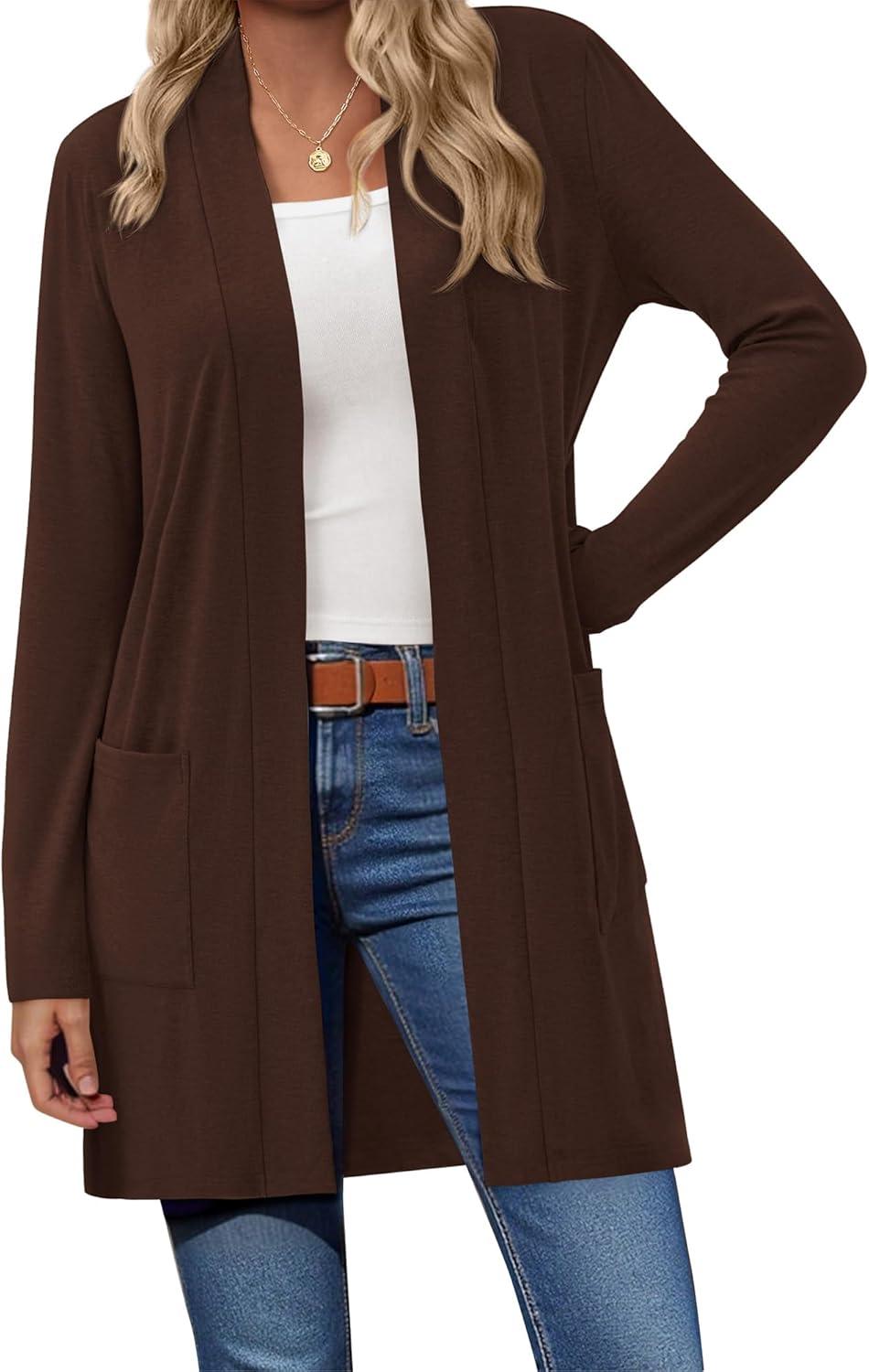 imageBTFBM Long Cardigans for Women Trendy Pockets Spring Clothes 2026 Casual Open Front Lightweight Shawl CardiganBrown