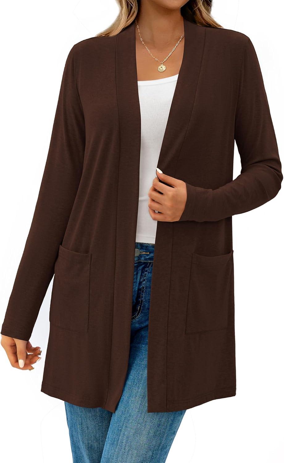 imageBTFBM Long Cardigans for Women Trendy Pockets Spring Clothes 2026 Casual Open Front Lightweight Shawl CardiganBrown