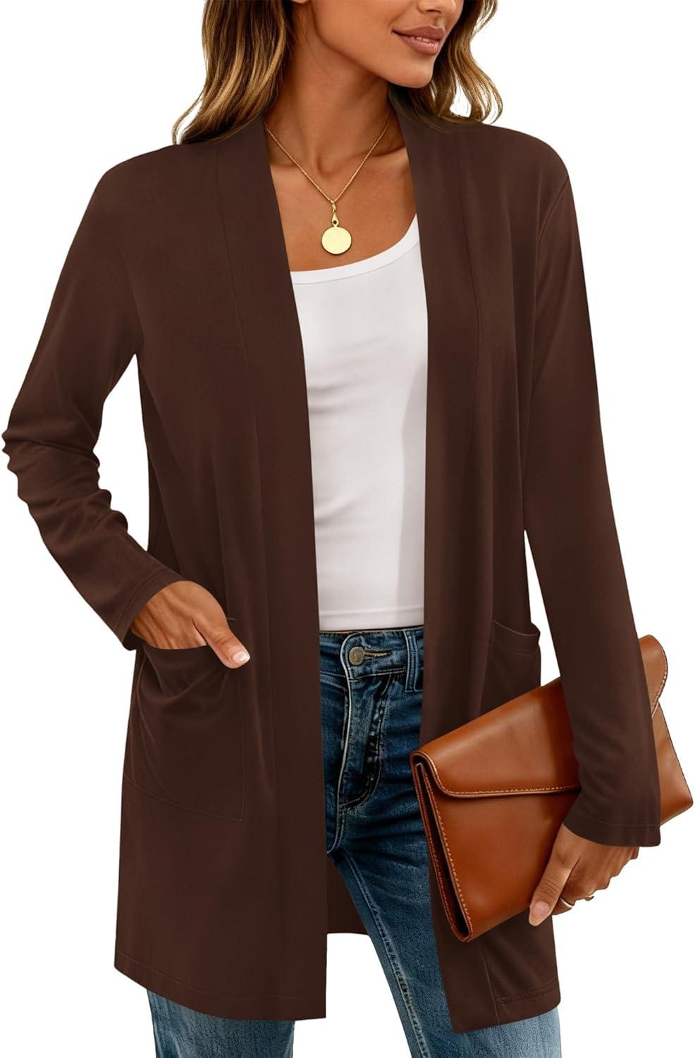 imageBTFBM Long Cardigans for Women Trendy Pockets Spring Clothes 2026 Casual Open Front Lightweight Shawl CardiganBrown