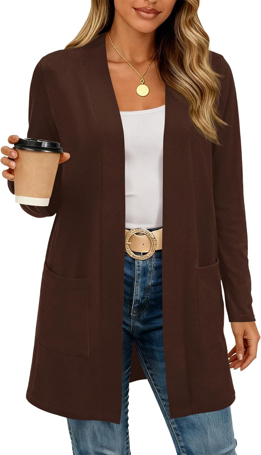imageBTFBM Long Cardigans for Women Trendy Pockets Spring Clothes 2026 Casual Open Front Lightweight Shawl CardiganBrown