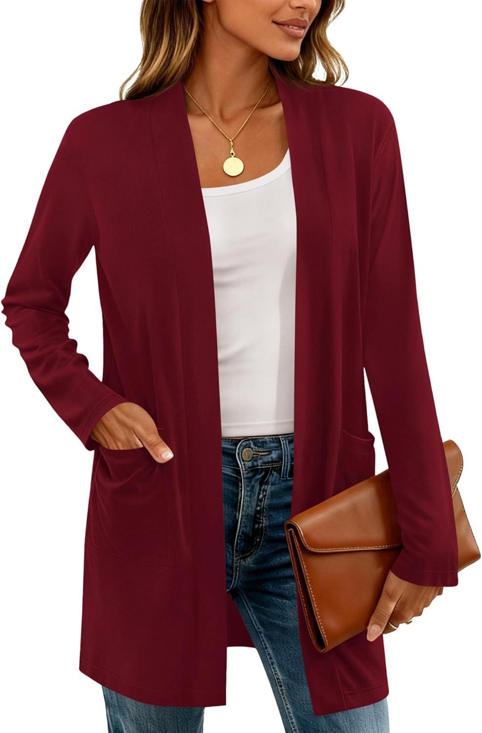 imageBTFBM Long Cardigans for Women Trendy Pockets Spring Clothes 2026 Casual Open Front Lightweight Shawl CardiganBurgundy