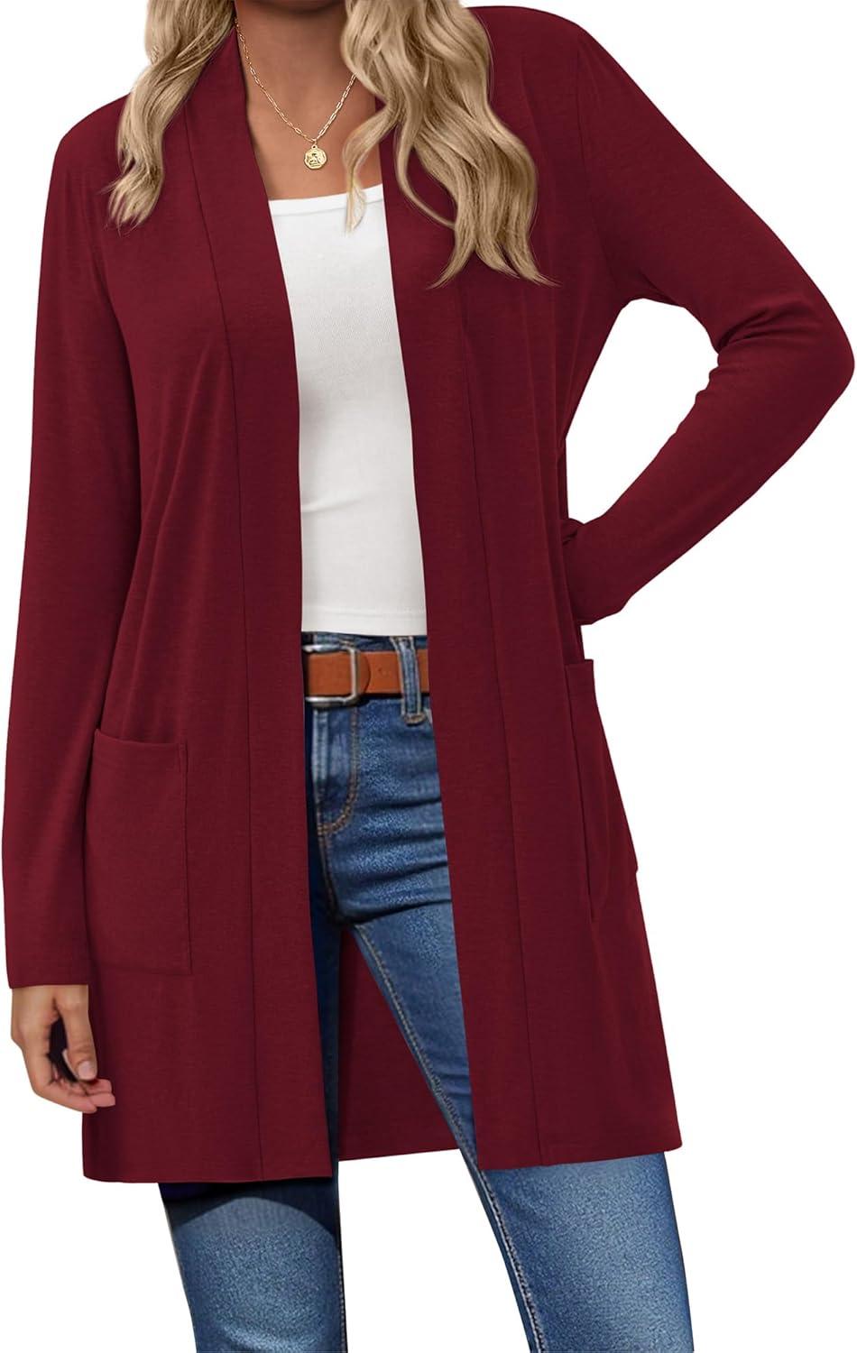 imageBTFBM Long Cardigans for Women Trendy Pockets Spring Clothes 2026 Casual Open Front Lightweight Shawl CardiganBurgundy
