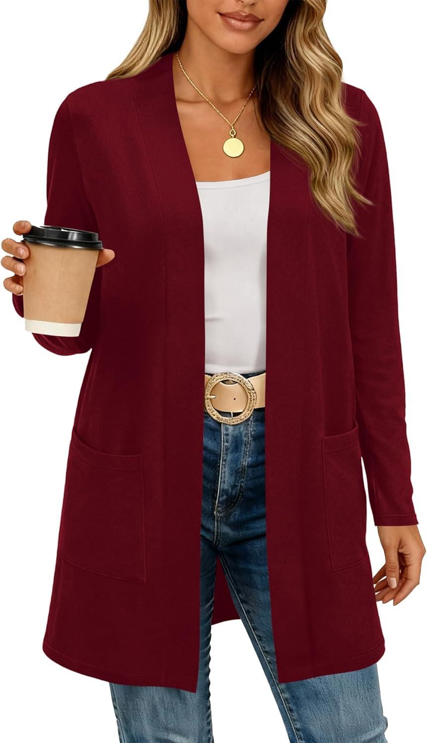 imageBTFBM Long Cardigans for Women Trendy Pockets Spring Clothes 2026 Casual Open Front Lightweight Shawl CardiganBurgundy
