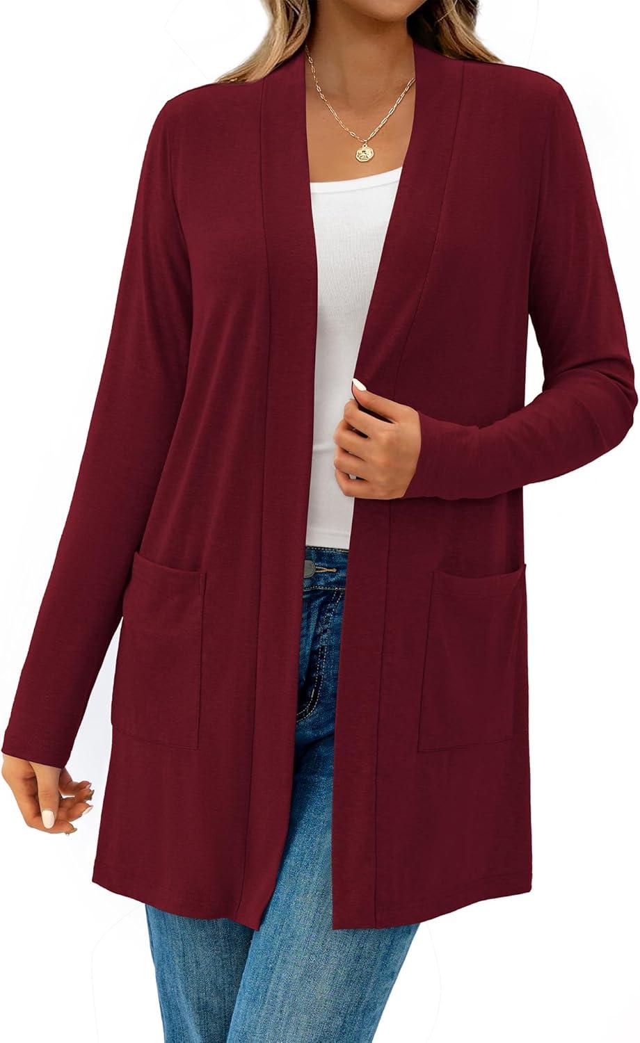 imageBTFBM Long Cardigans for Women Trendy Pockets Spring Clothes 2026 Casual Open Front Lightweight Shawl CardiganBurgundy
