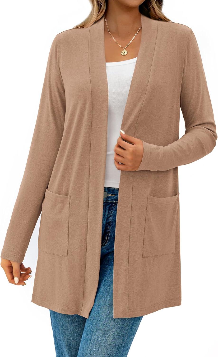 imageBTFBM Long Cardigans for Women Trendy Pockets Spring Clothes 2026 Casual Open Front Lightweight Shawl CardiganKhaki